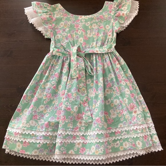 Vintage USA Bonnie Jean Girls 7 Green Pink Floral Dress - Picture 5 of 10